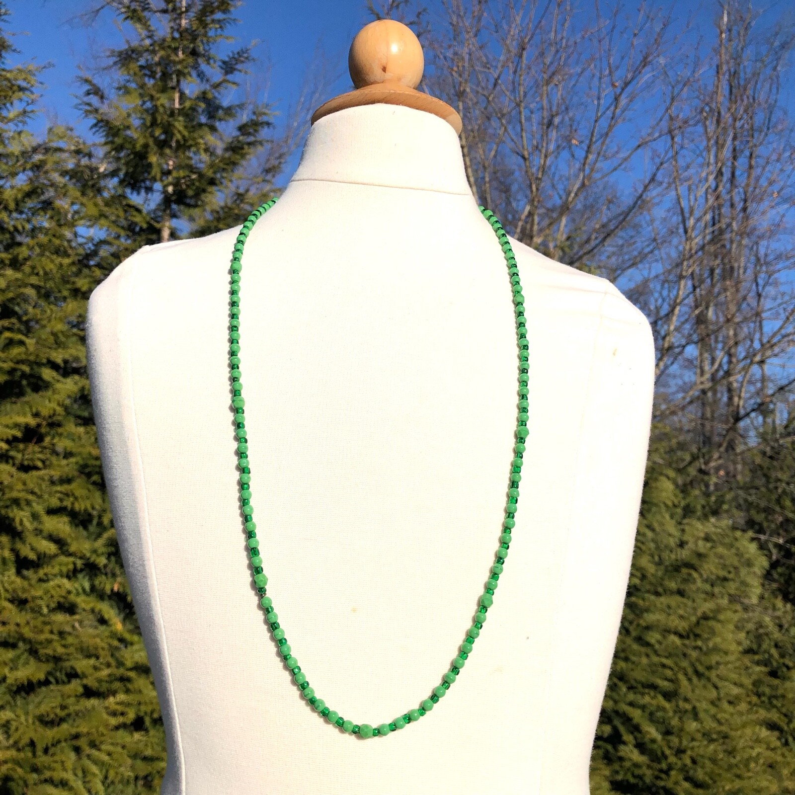 30″ Green Opaque Smooth Marble 1/4″ Bead Necklace Sm Seed Beads Continuous JN22