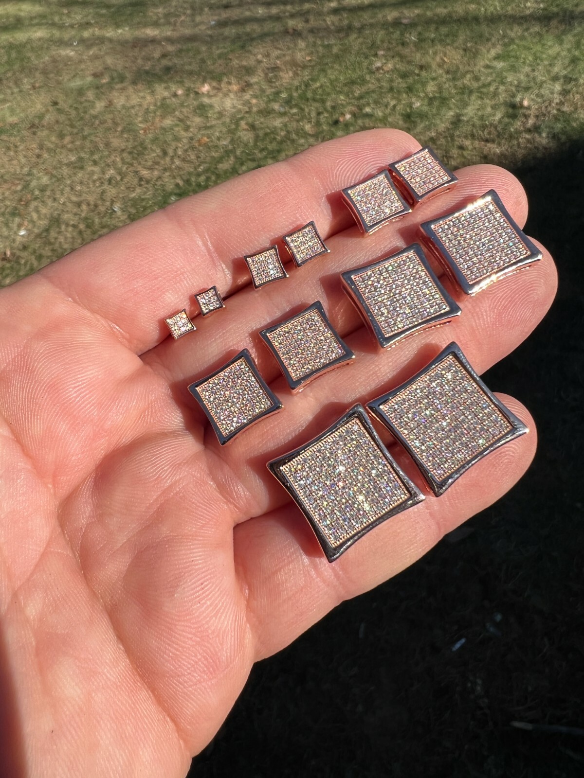 Square Kite Earrings Iced CZ Hip Hop Mens Ladies Real 14k Rose Gold Plated