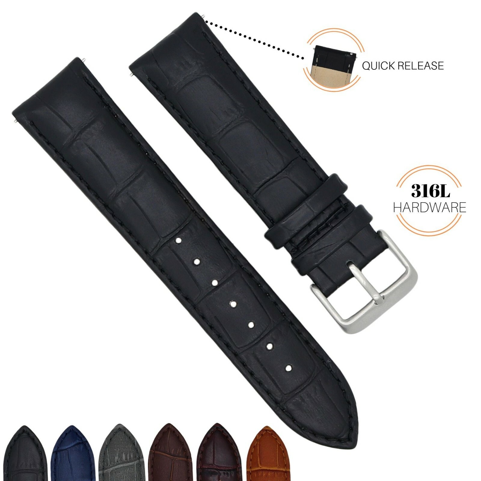 Alligator Grain Genuine Leather Watch Band Quick Release16mm/18mm/20mm/21mm/22mm