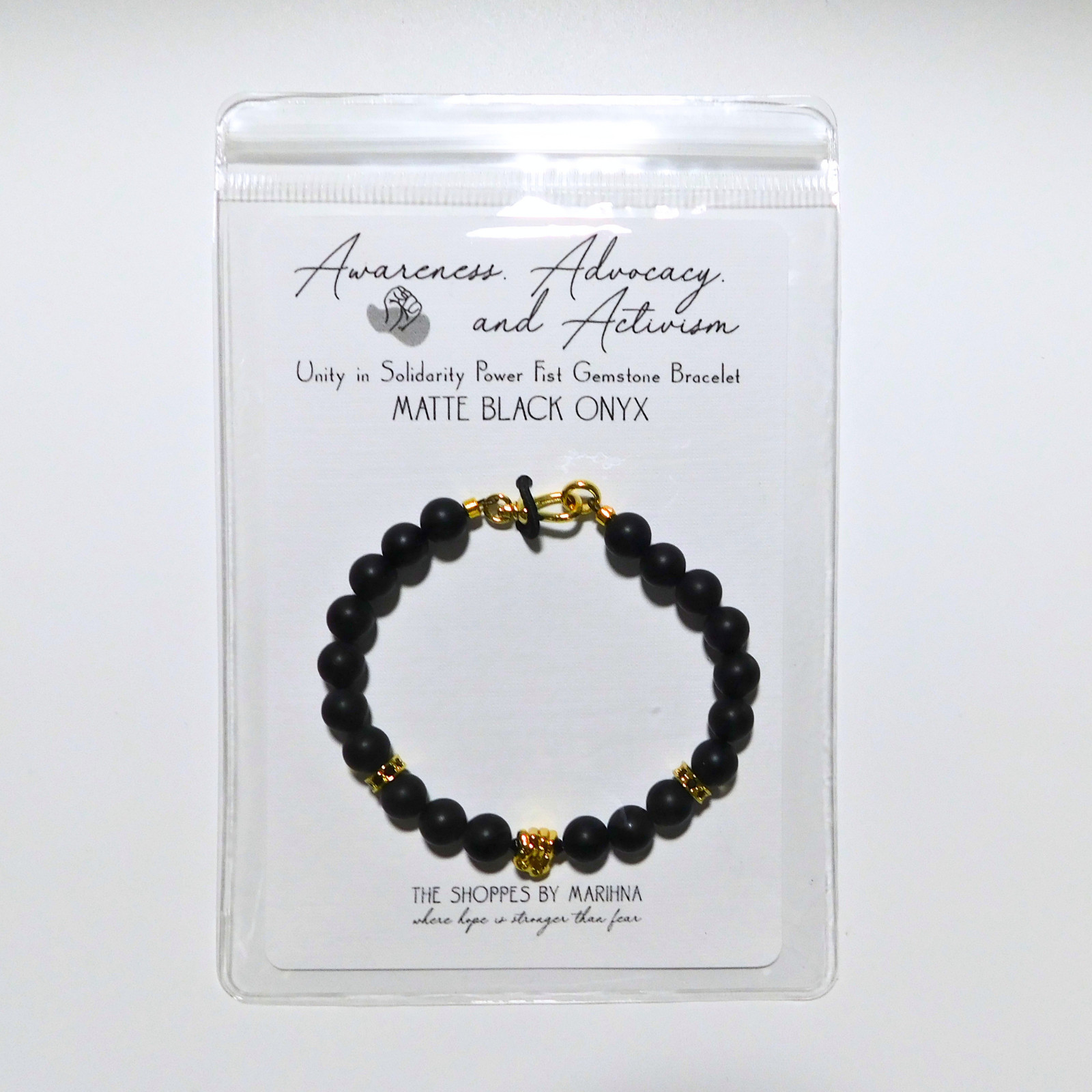 18K Yellow Gold Filled Matte Black Onyx Power Fist Bracelet Protest Jewelry Luxe