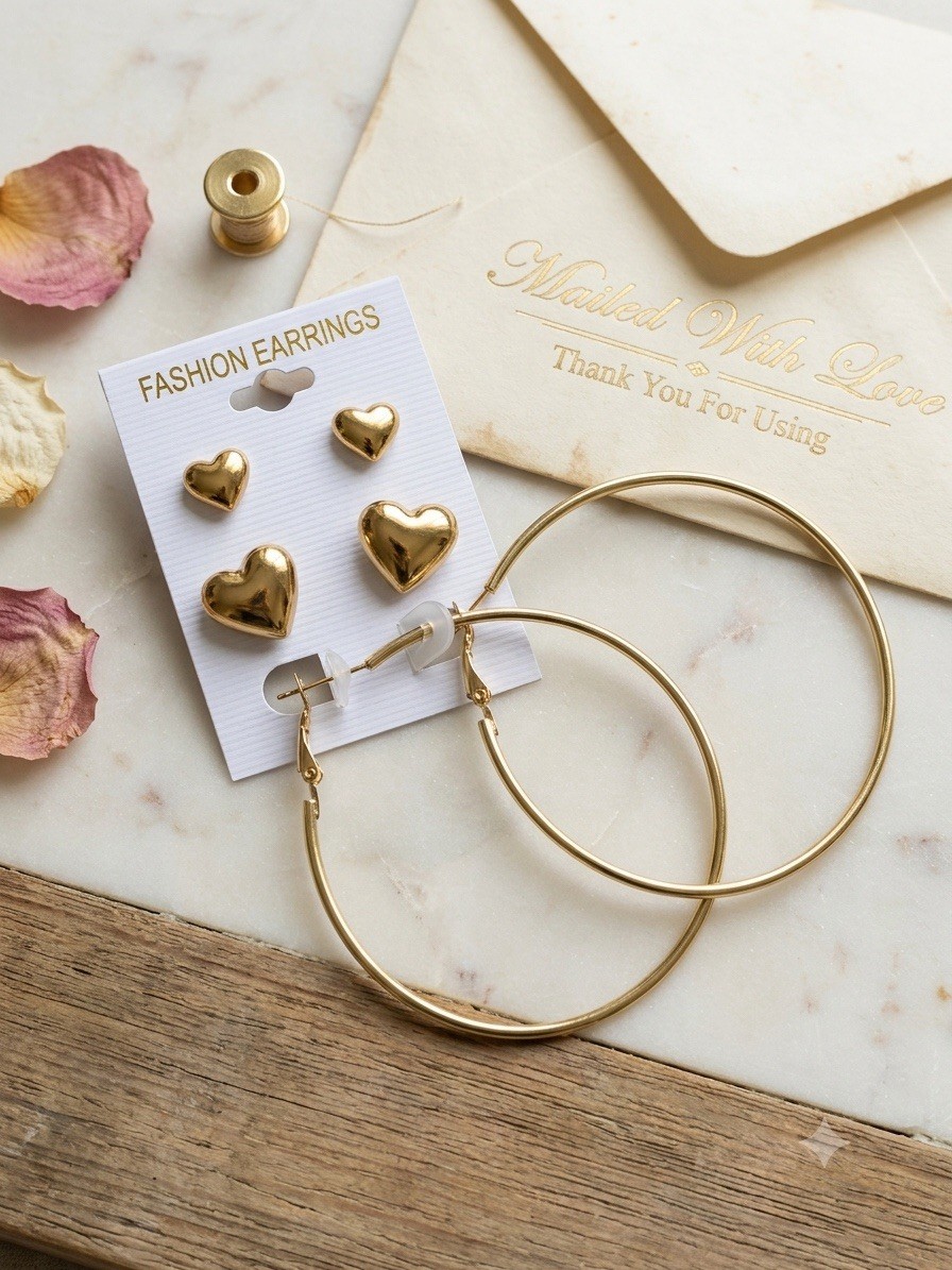 Gold Hoop Earrings and Heart Studs Set • 3 Pairs Multi-Pack Brand New