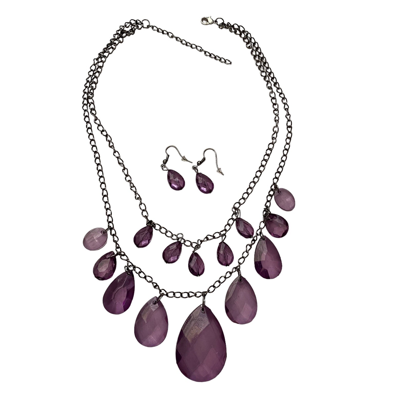 Lucite Acrylic Purple Faceted Beaded Bead Necklace Pierced Earring Set