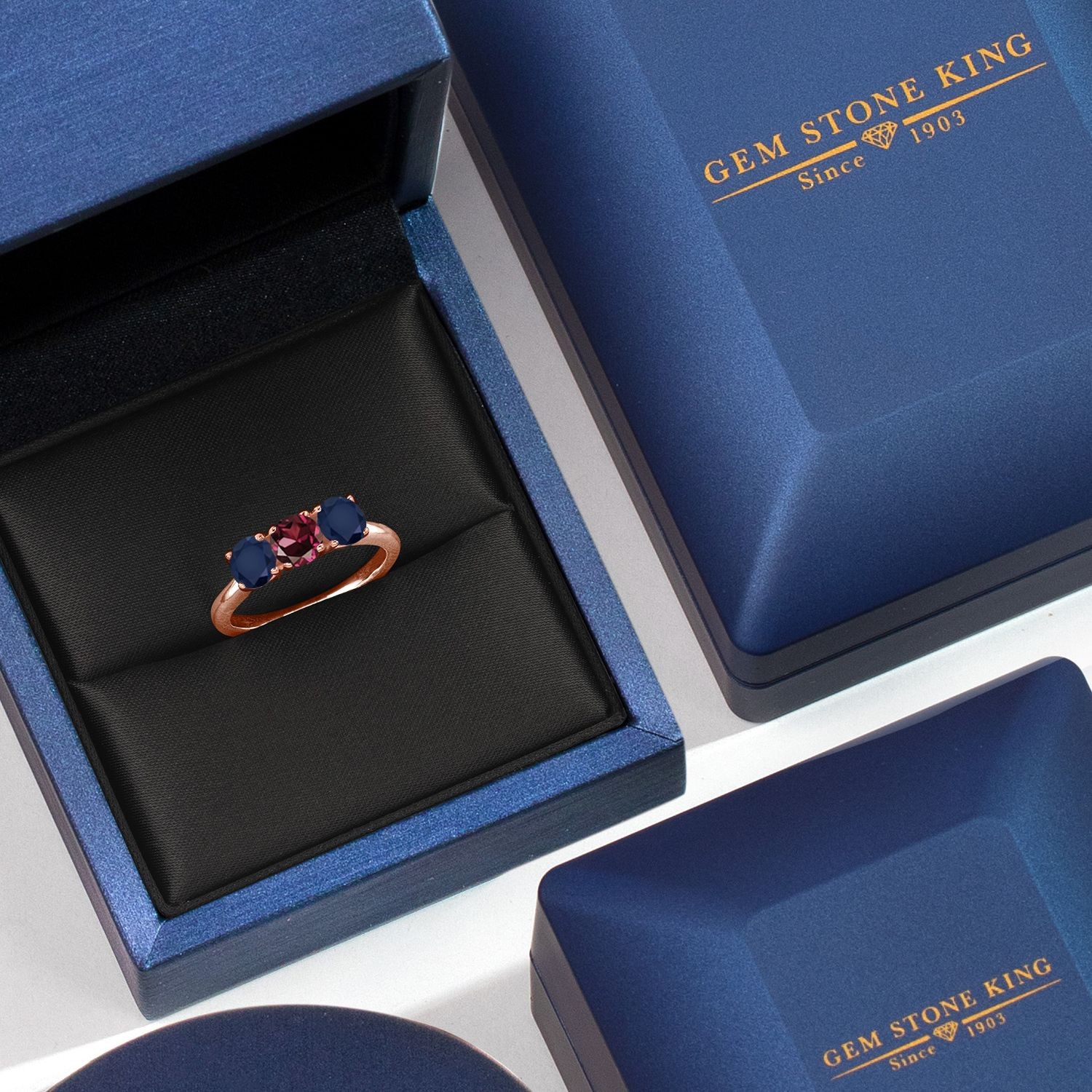 18K Rose Gold Plated Silver Rhodolite Garnet and Sapphire Engagement Ring For