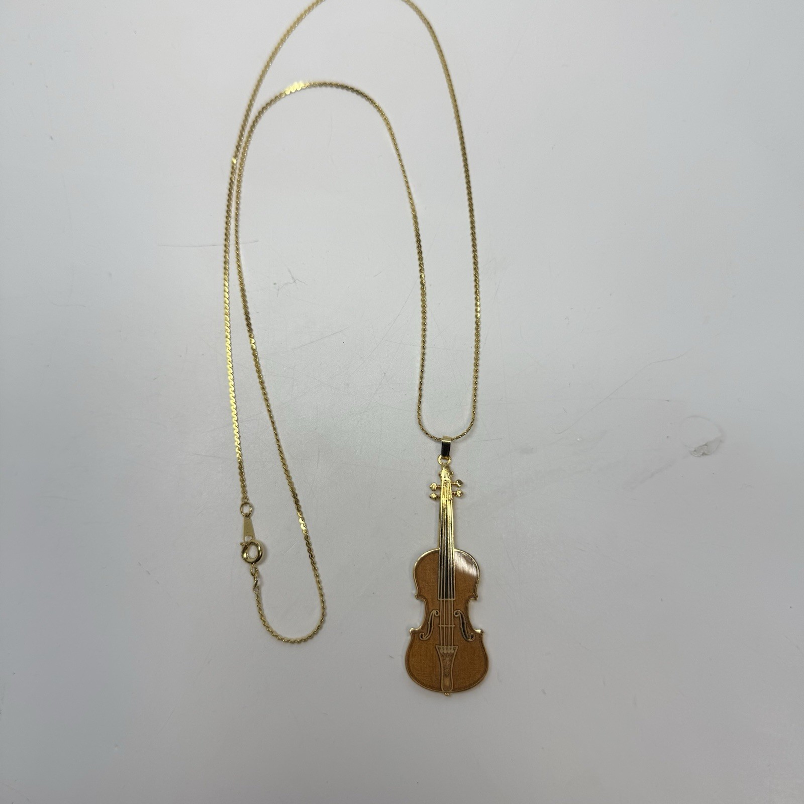 Vintage Future Primitive Gold Tone Enamel Violin Cello Pendant Long Necklace
