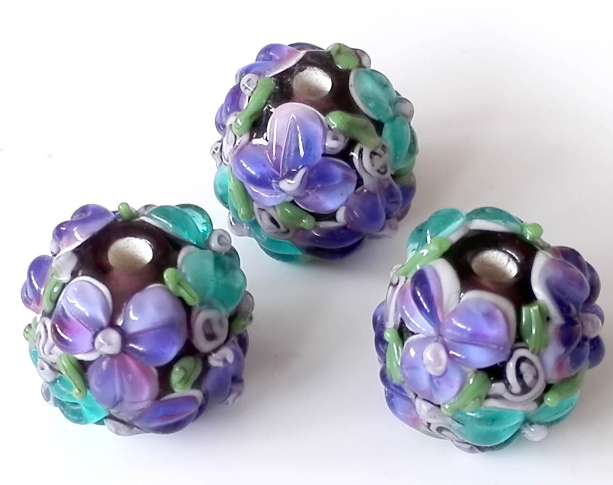 10Pcs Handmade Lampwork Glass Round Beads Purple Blue Flower 15Mm