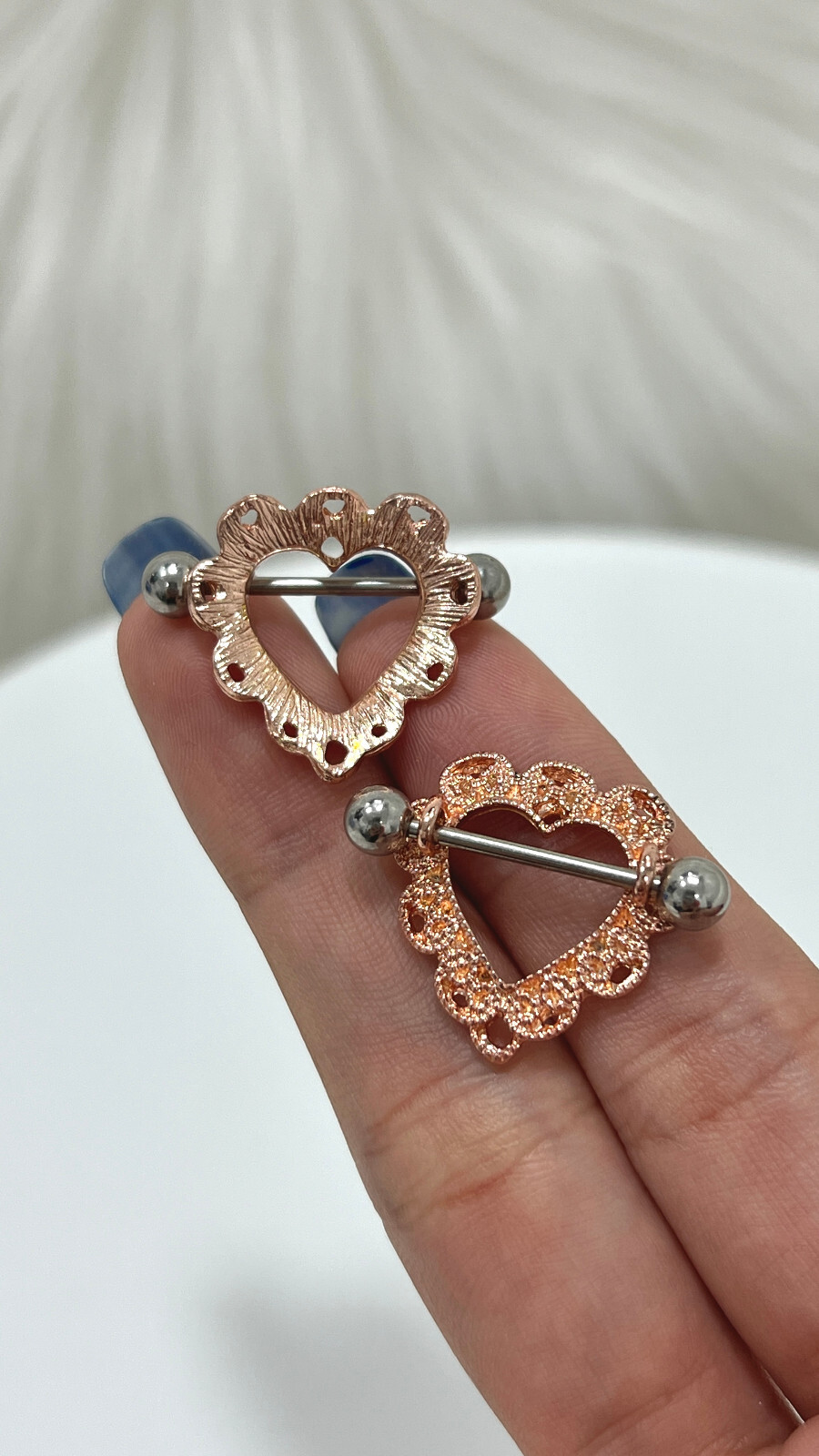 Nipple rings Barbells surgical steel Heart rose gold design Sold as a pair