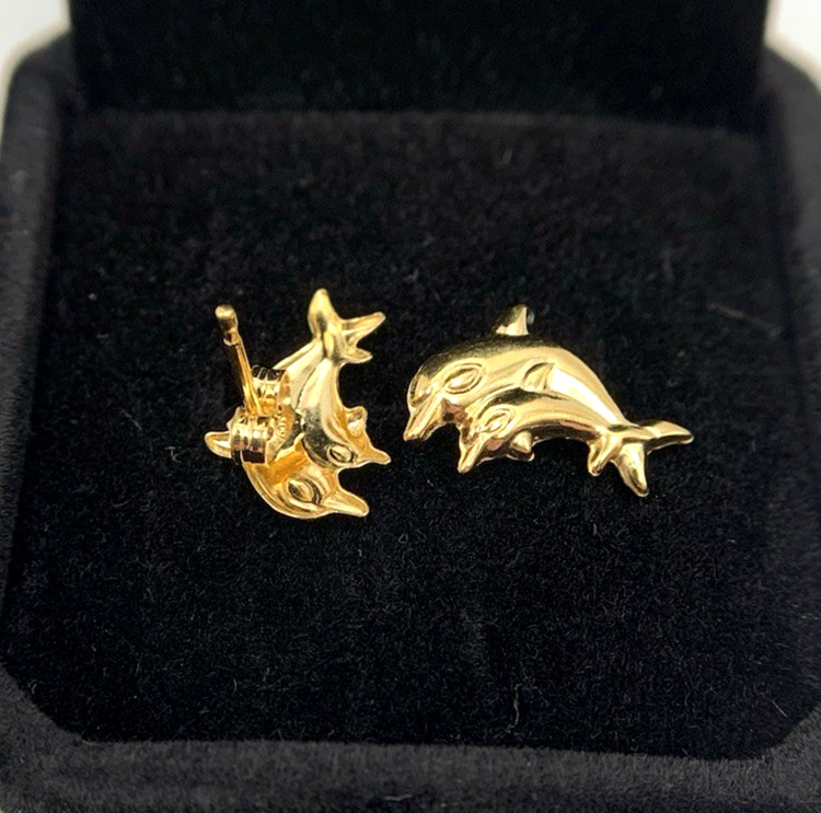 18k .750 Gold DOLPHIN Earrings,14.3mm x 10.2,1.5g,by “AR 348”, FREEgfBx($5valu.