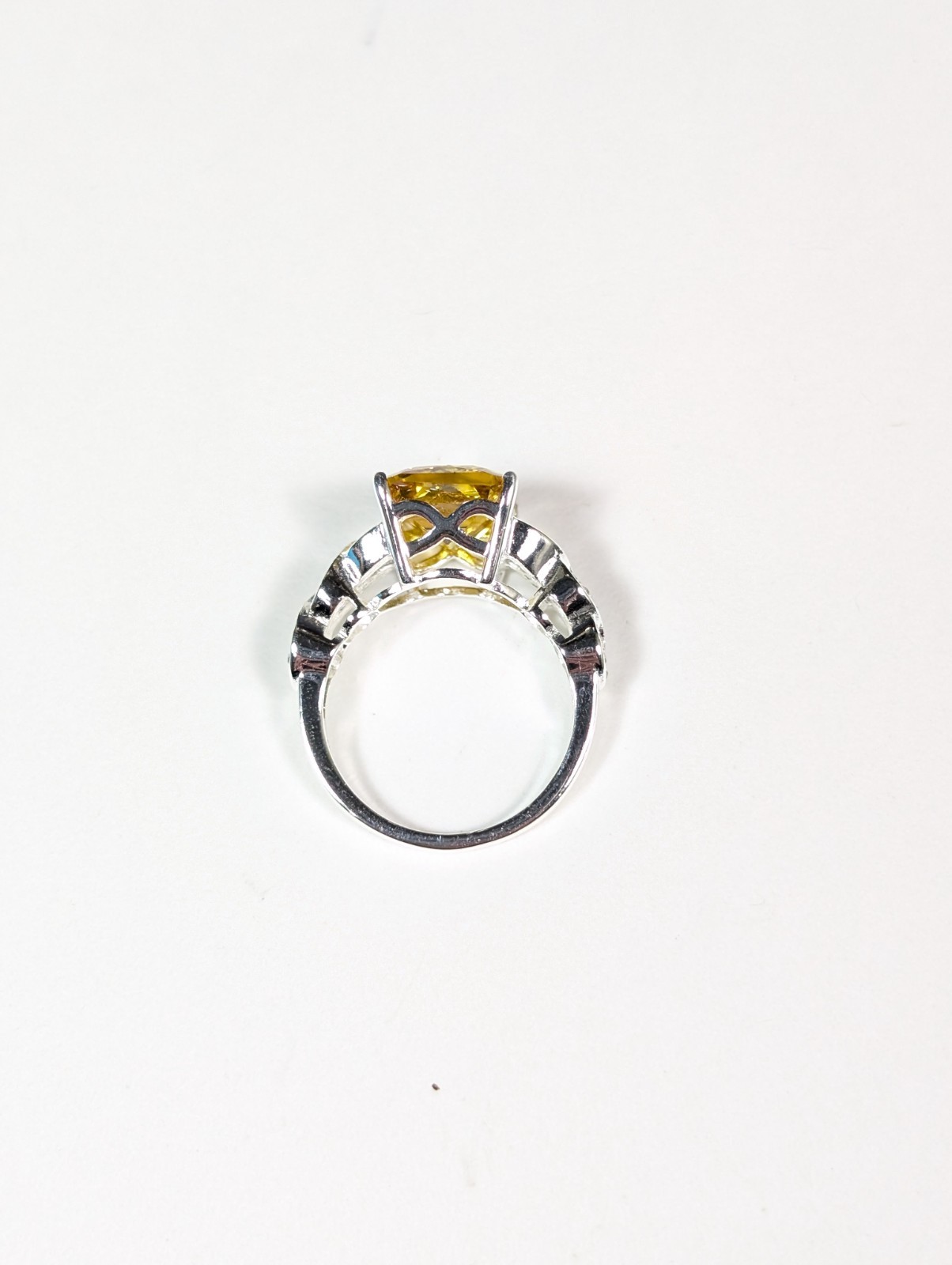 Faux Citrine Colored Gemstone Ring Silver Tone Rhinestone Size 8 Emerald Cut