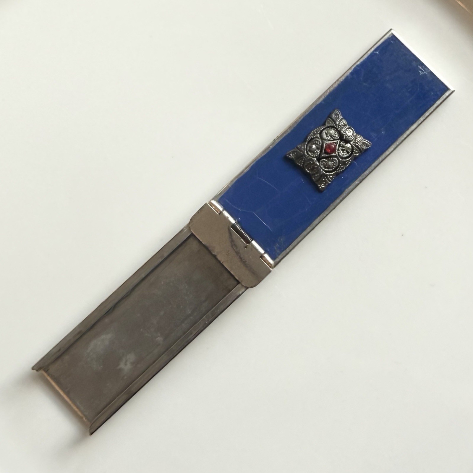 Art Deco Changette Brooch To Hold Dimes Silver Tone Blue Enamel Marcasites