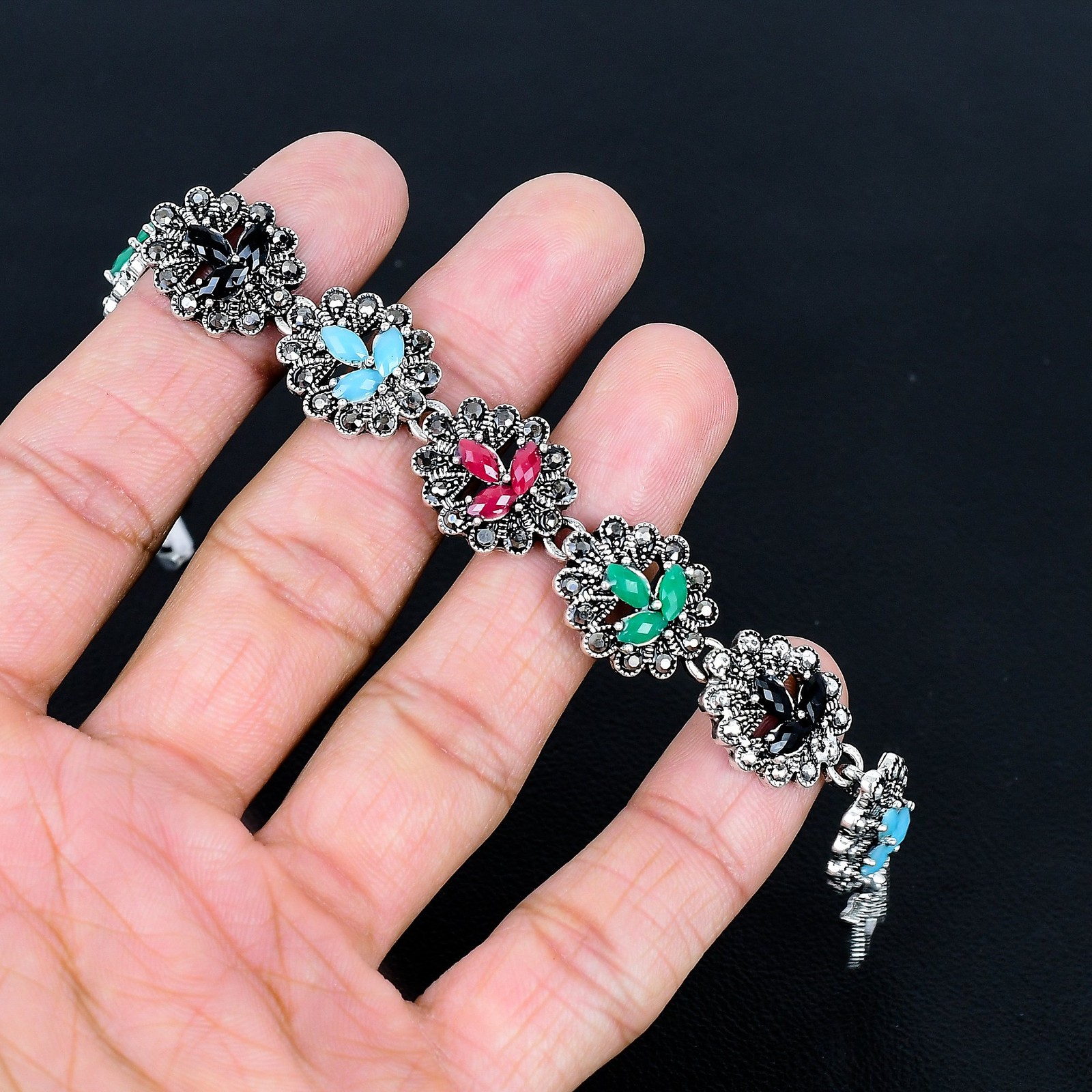 Faceted Multi Cut Stone Handmade 925 Sterling Silver Marcasite Bracelet 7″ l590