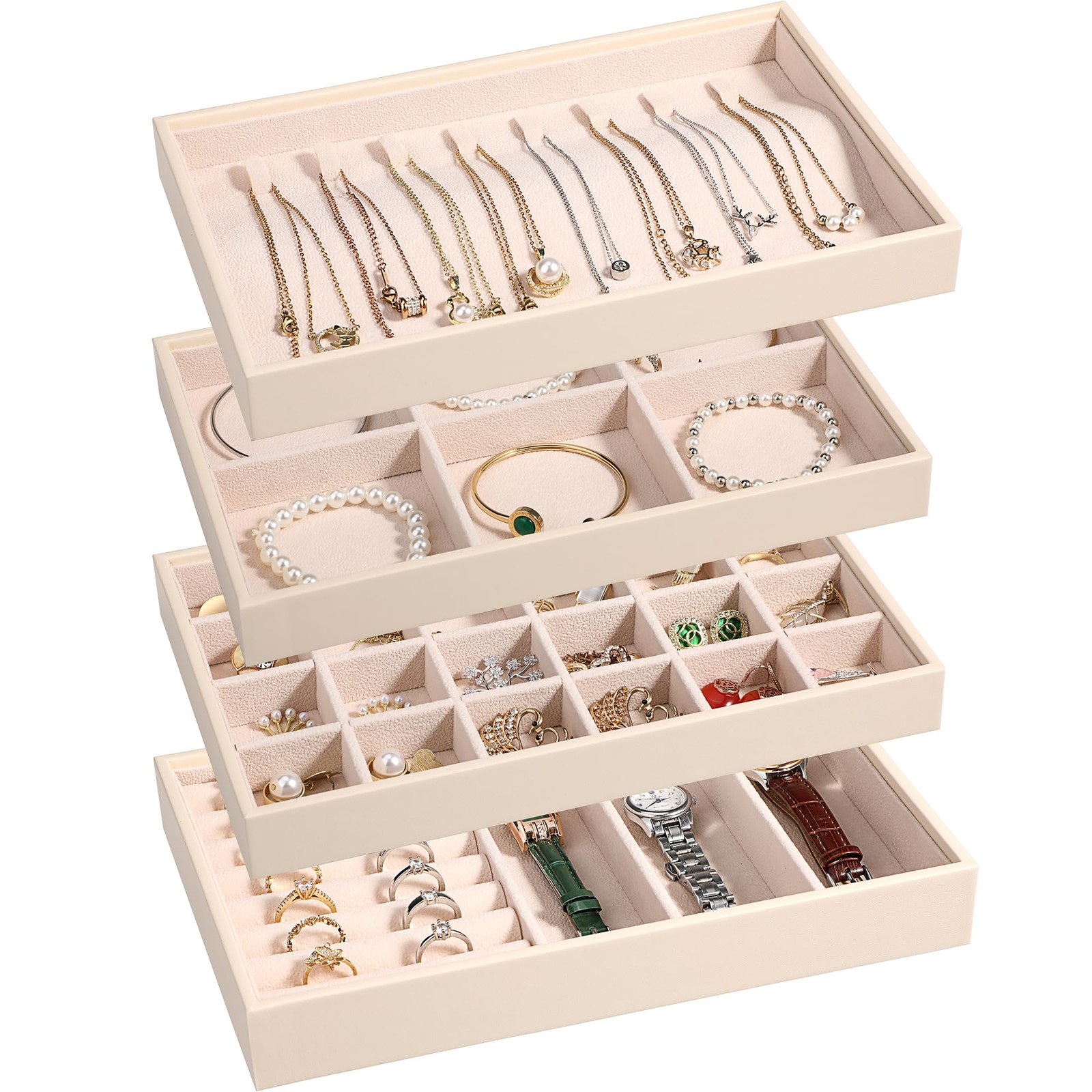 Jewelry Organizer Trays 10.23″ X 6.49″ X 4.92″ – Set of 4 PU Leather Storage