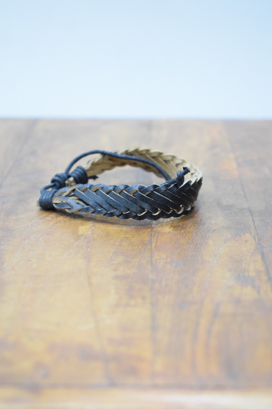 Bracelet Leather Black Flat Woven Tie Bracelet