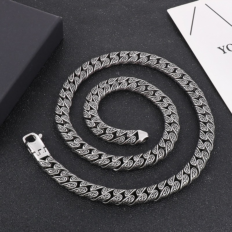 Men Vintage Distressed Silver Titanium Steel Necklace Bracelet Set Hip Hop Punk
