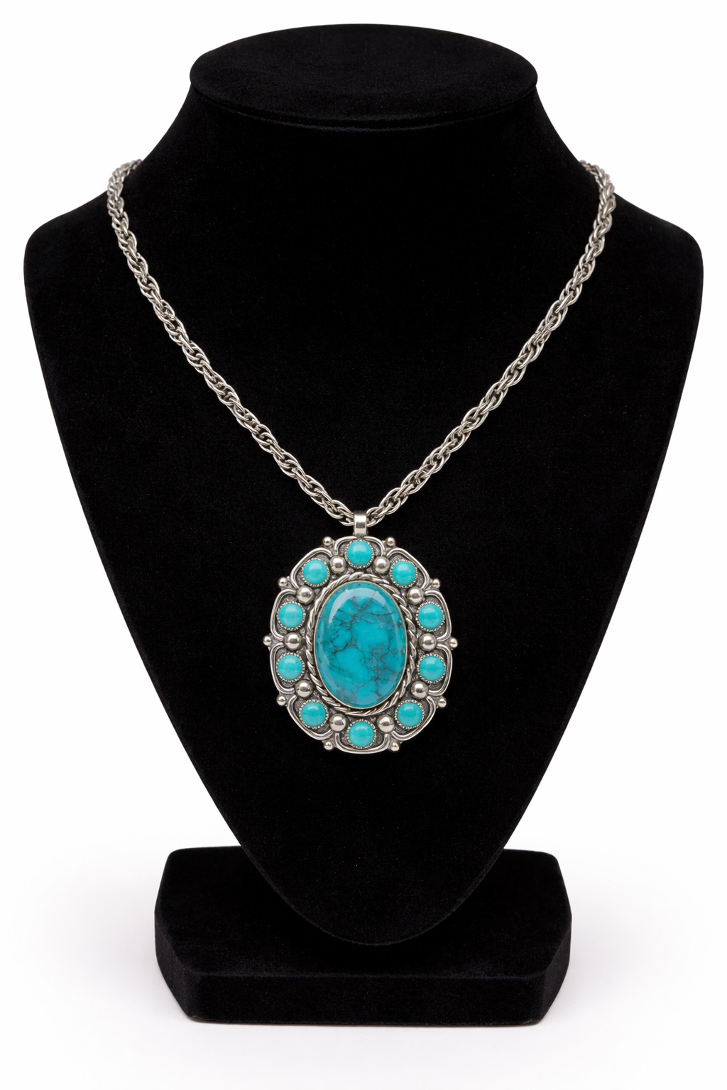 Bell Trading Post Southwestern Nickle Silver Faux Turquoise Pendant Necklace