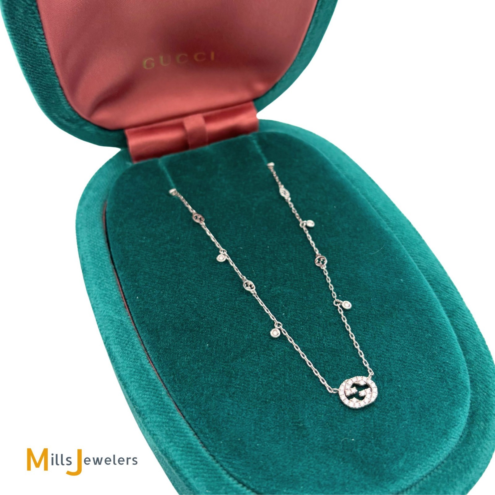 18K White Gold Gucci Interlocking G 0.27ctw Diamond Station Necklace 16″