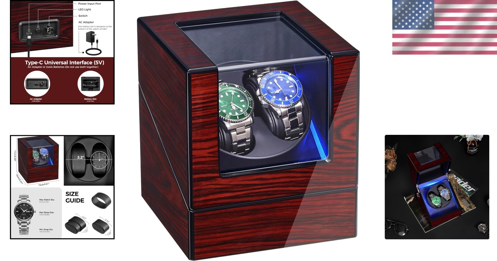Double Watch Winder with Soft Pillows & 5 Rotation Modes, USB & Battery