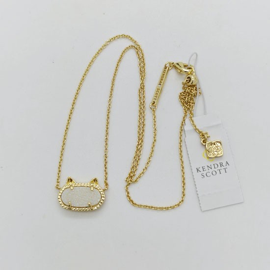 New Kendra Scott Elisa Gold Cat Pendant Necklace In Iridescent White Drusy