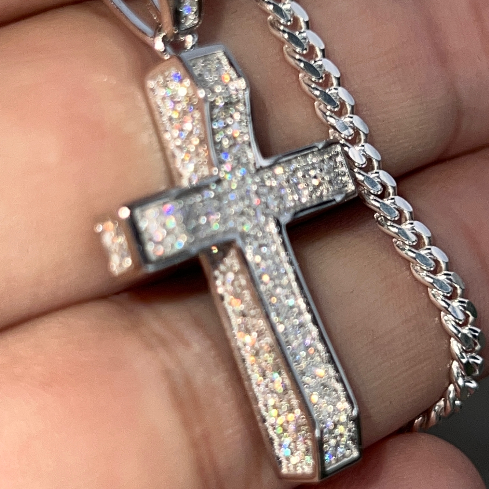 925 Sterling Silver VVS1 Moissanite 0.82CT Cross Miami Cuban Chain 3MM 16-30″
