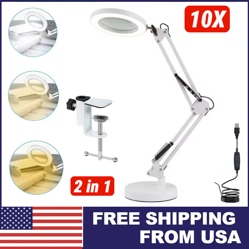 Desk Lamp with 10X Magnifying Glass 10 Brightness Levels Adjustable Clamp Light