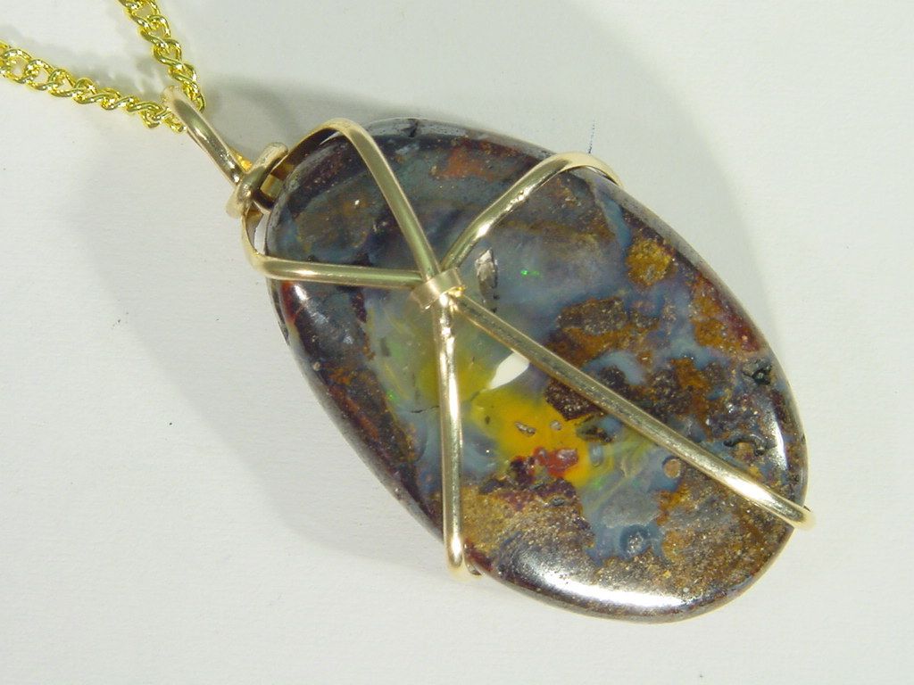 BUTW 14k Gold Fill Wrapped 20mm x 38mm australian boulder opal pendant 2636D