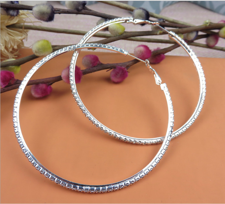 Bling Bling 3″ Silver Rhinestone Crystal Hoop Earrings Big Circle Celebrity