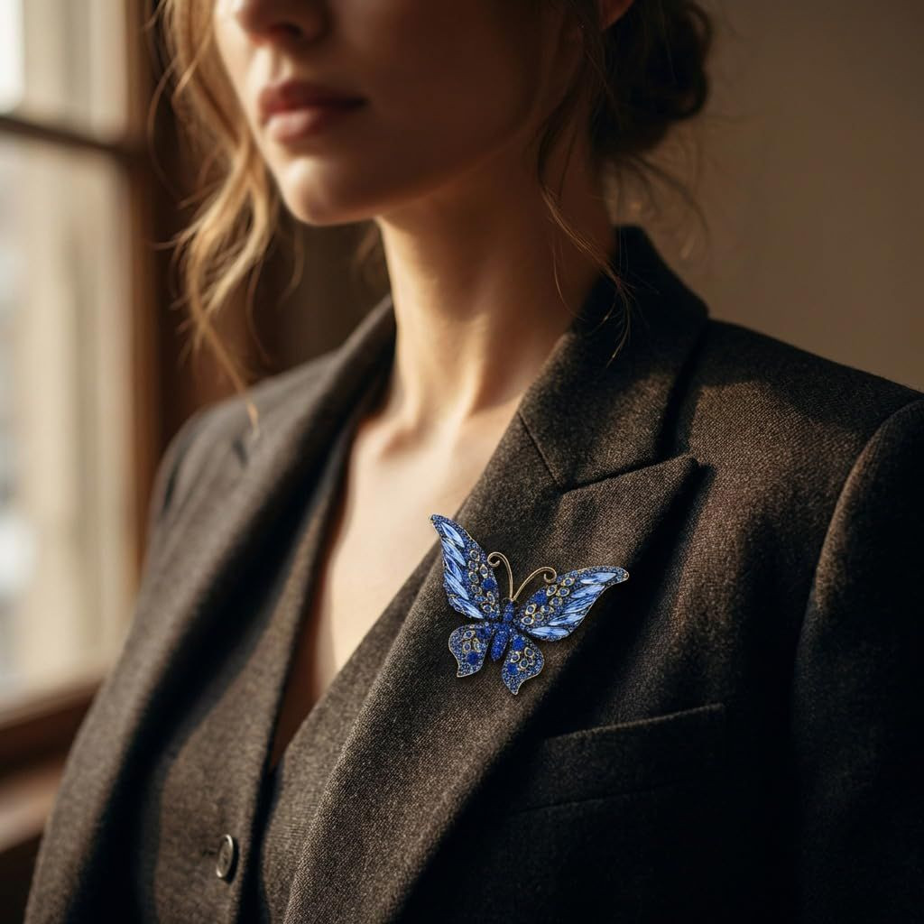 Crystal Rhinestone Butterfly Brooch,Elegant One Size, Royal Blue