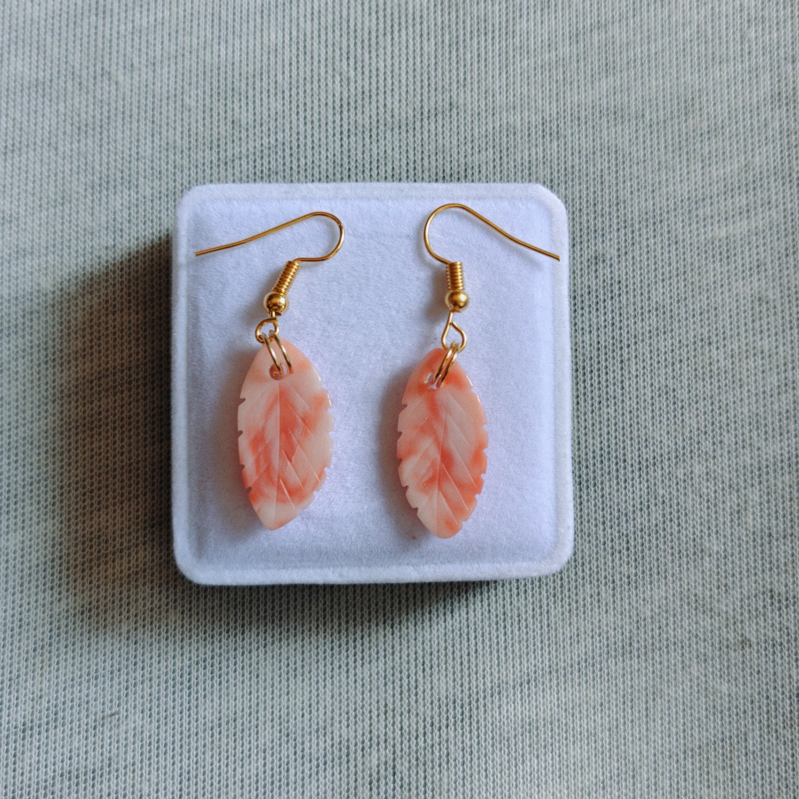 Natural Japanese Pink Coral Leaf Carving Brass Earrings Handmade Jewelry