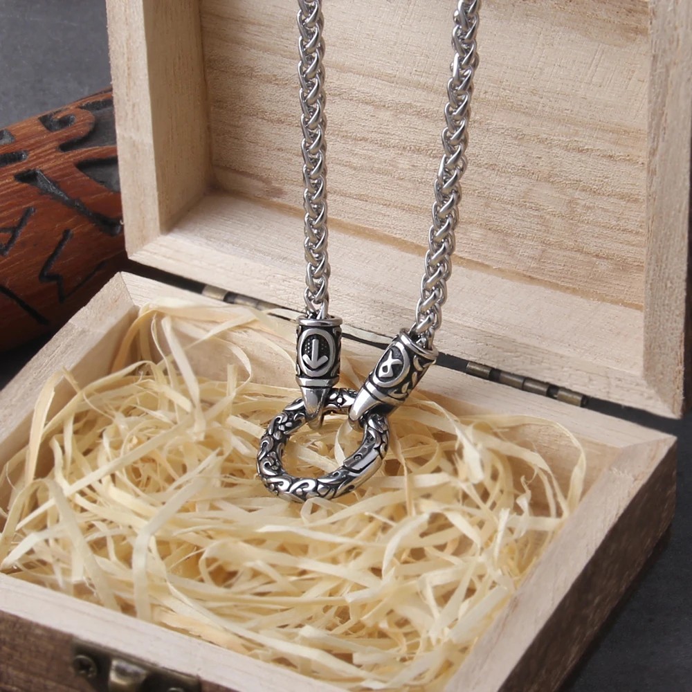 Nordic Viking Rune Open Round Clasp Pendant Necklace Stainless Steel Men Jewelry