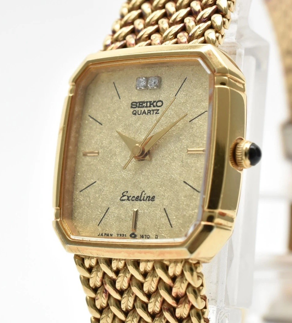 SEIKO Exceline 7321-5910 2P Diamond Gold 18mm Quartz Ladies Vintage Watch JAPAN