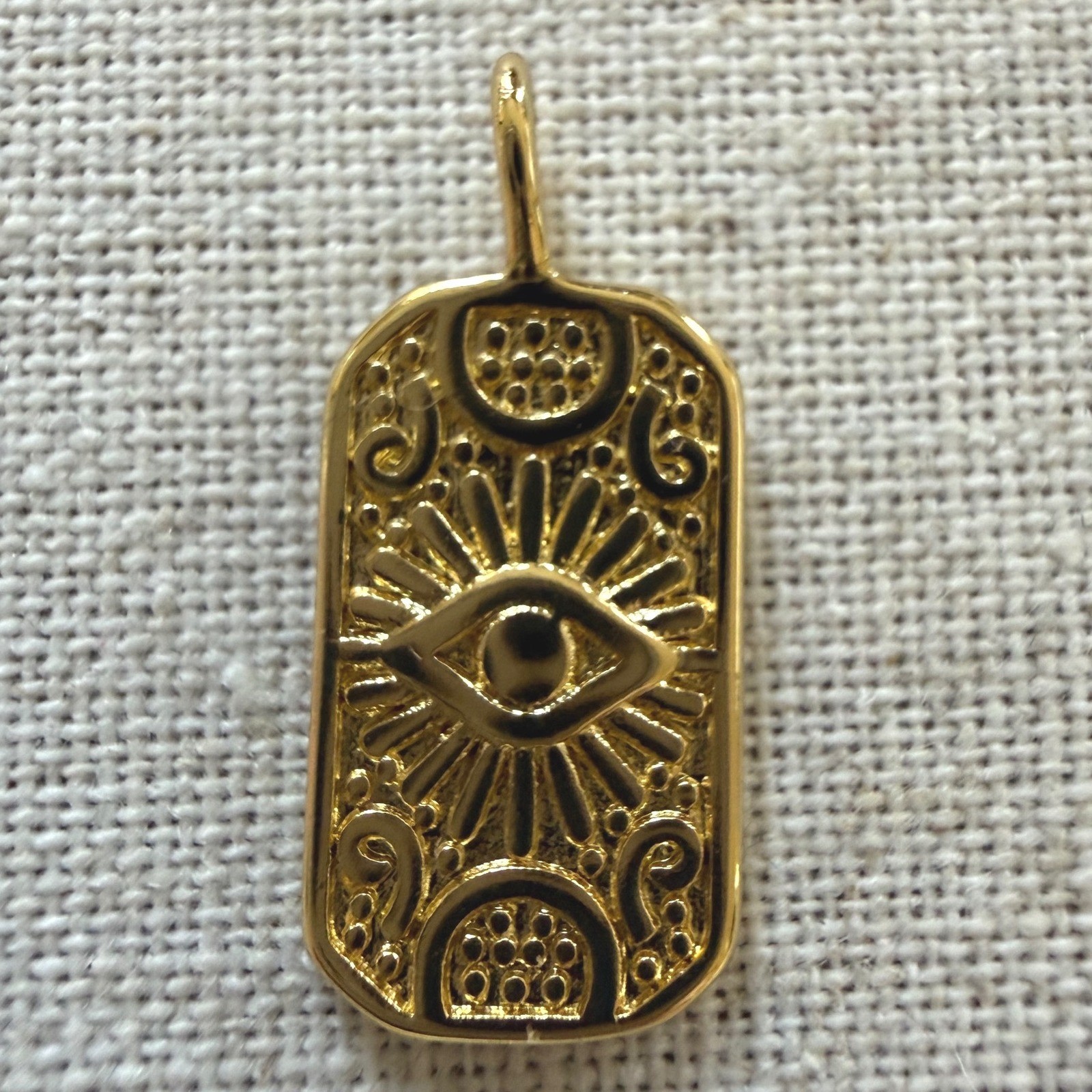 Gold PVD Coated Evil Eye Dog Tag Pendant Celestial Sunburst Tarnish Resistant