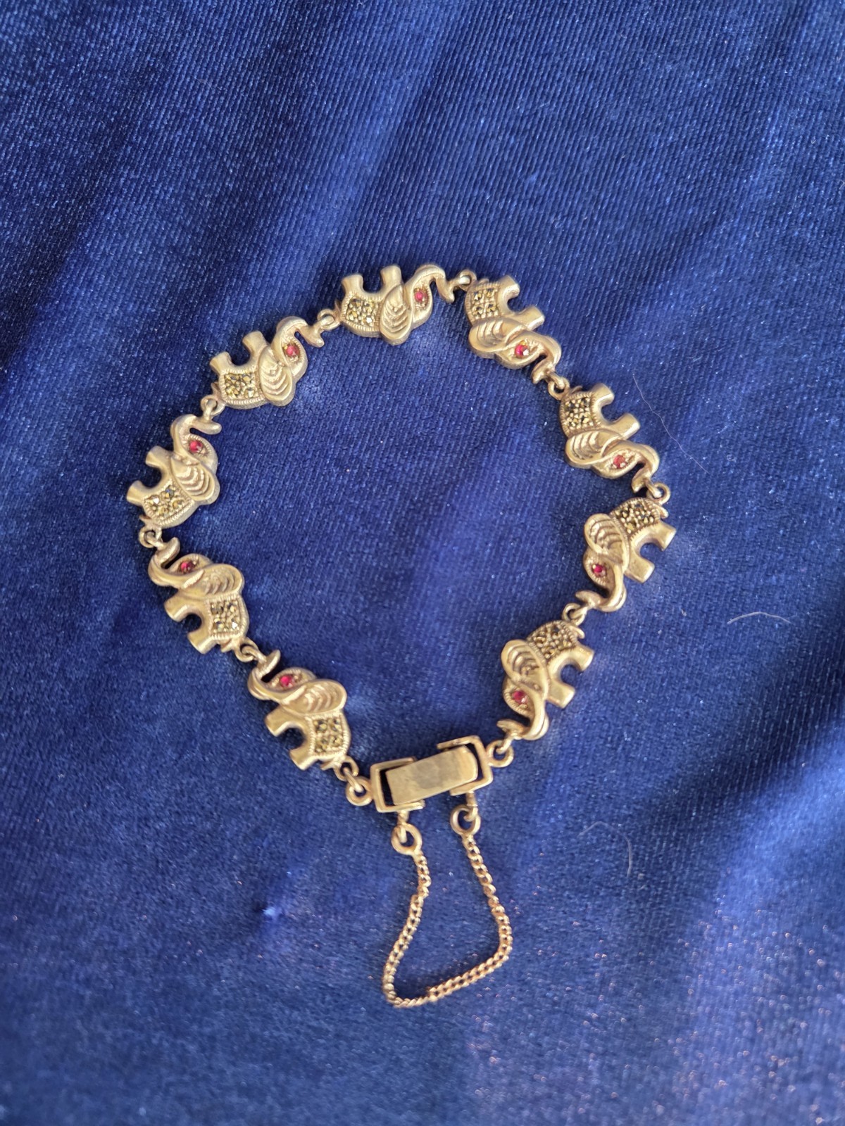 Elephant Bracelet Sterling .925 Red And Green Gemstones FoldOver Clasp W/ Chain