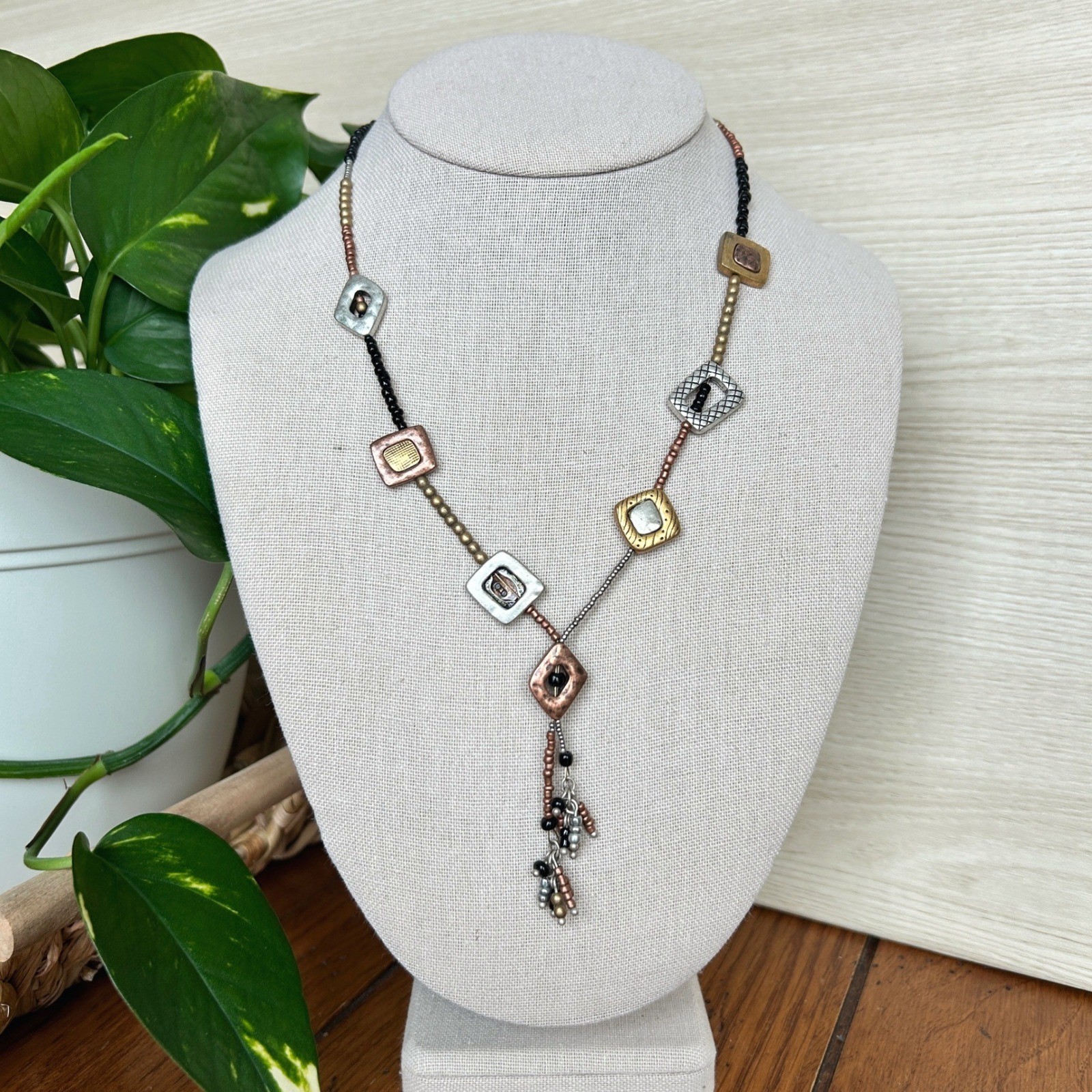 Vintage Chico’s Mixed Metal Square Bead Necklace Y Drop Pendant Boho Career