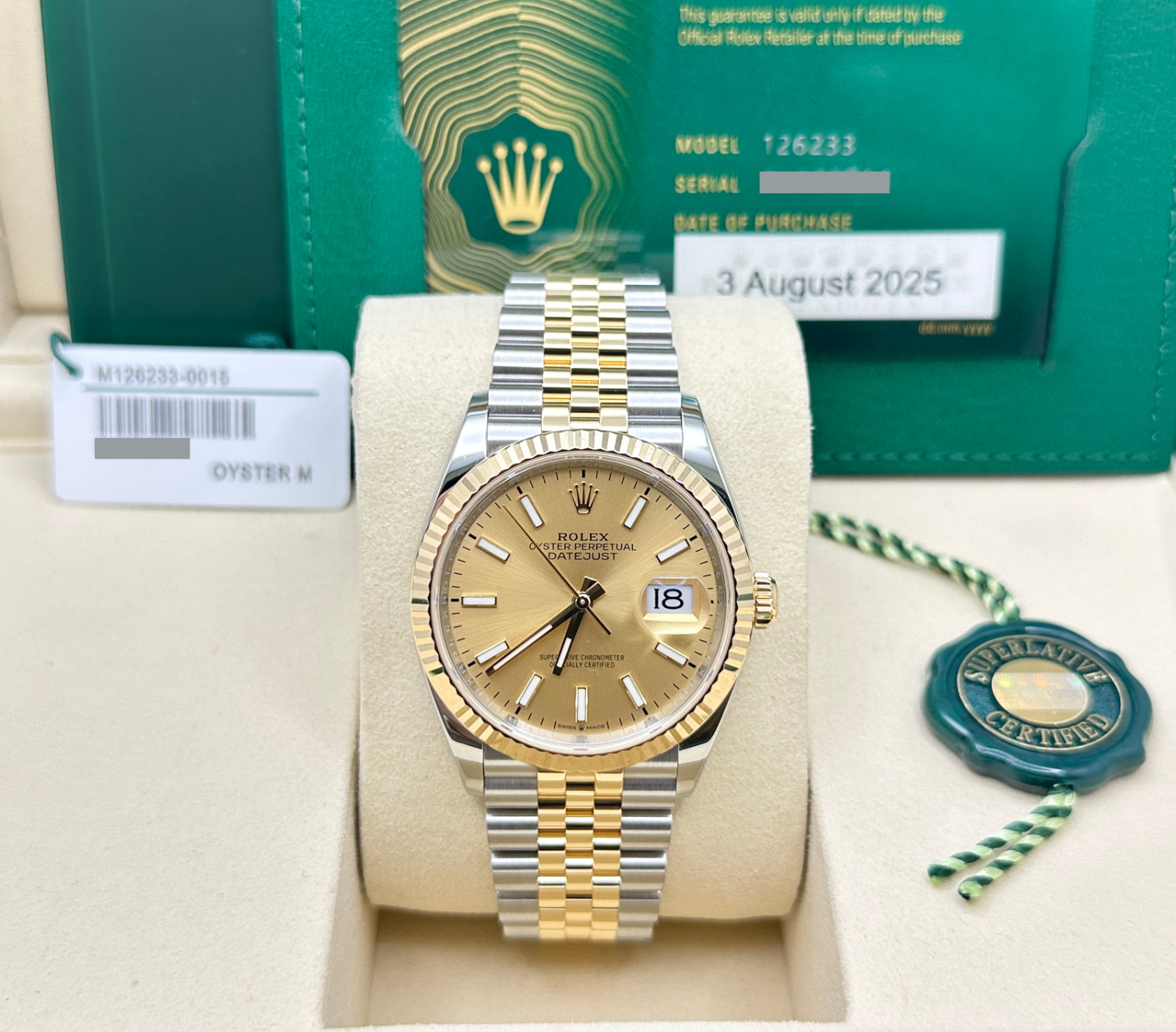 2025 Rolex Datejust 126233 36mm Champagne Dial 18K Gold Steel Box Paper Jubilee