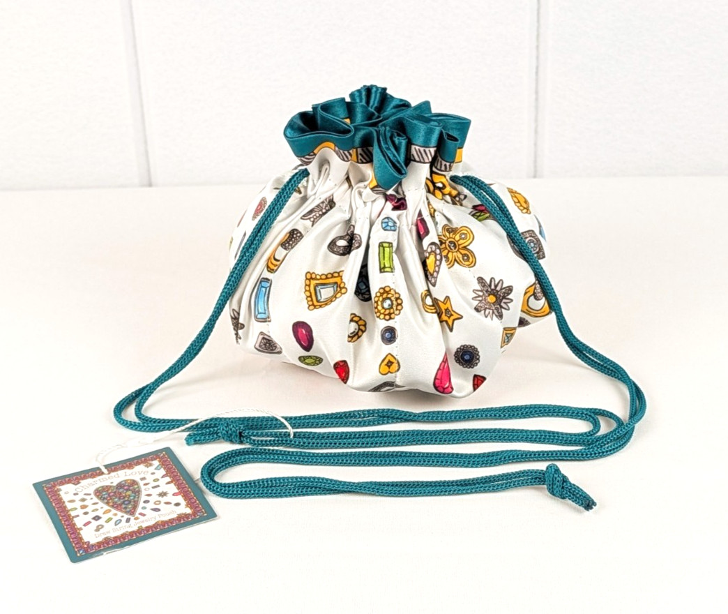 BRIGHTON “Charmed Love” Draw-String Jewelry Pouch Teal White Satin w/Jewels NEW