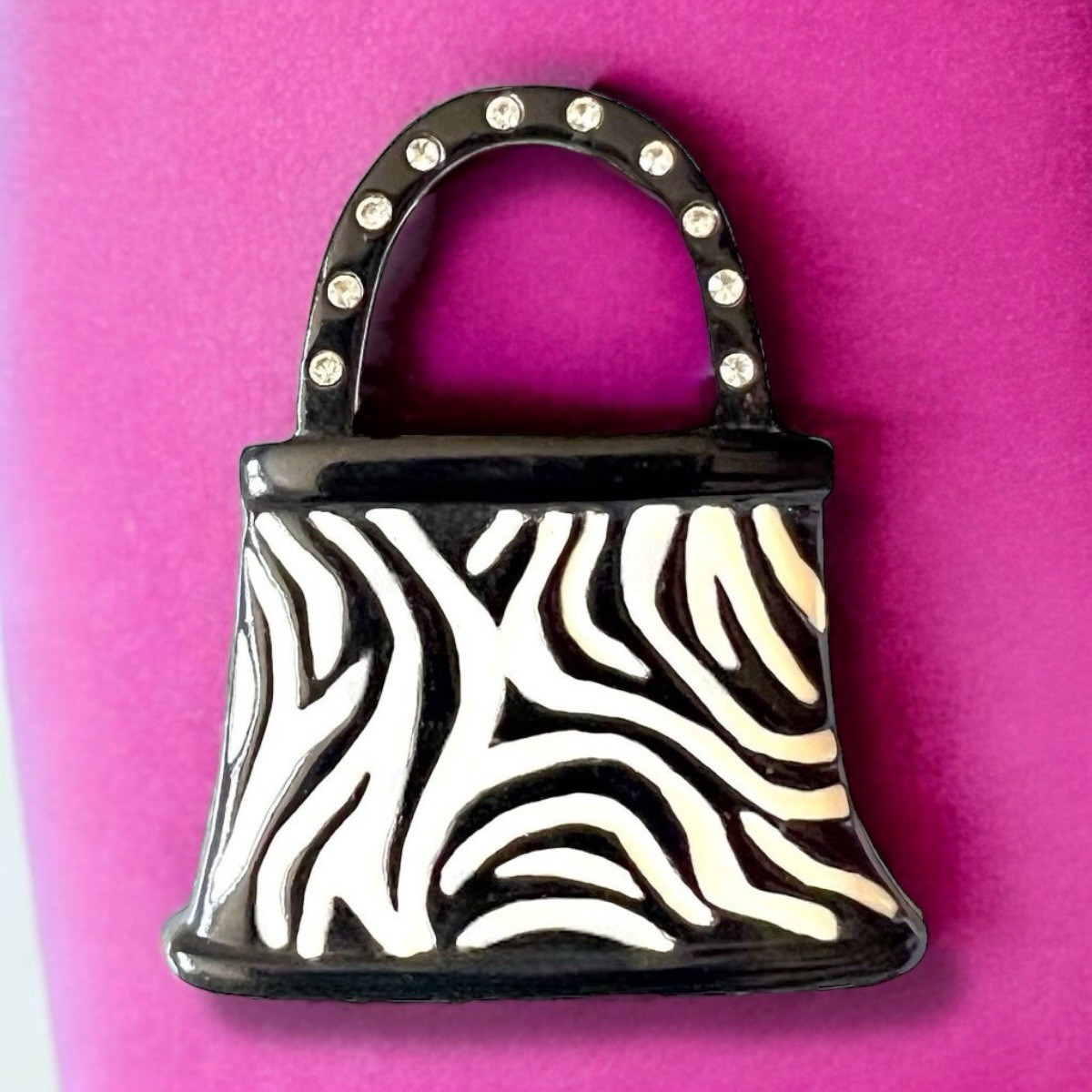 Y2K Zebra Purse Brooch Rhinestone Bag Pin AJMC Statement Animal Print Vintage