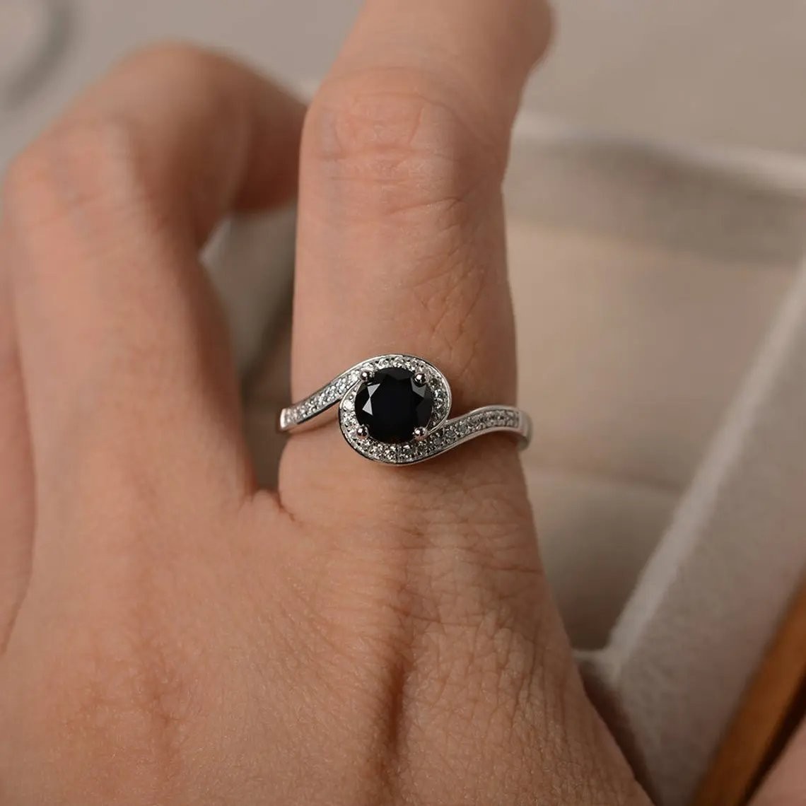 2CT Black Onyx Round Gemstone 925 Silver Plated Halo Ring Duty Free