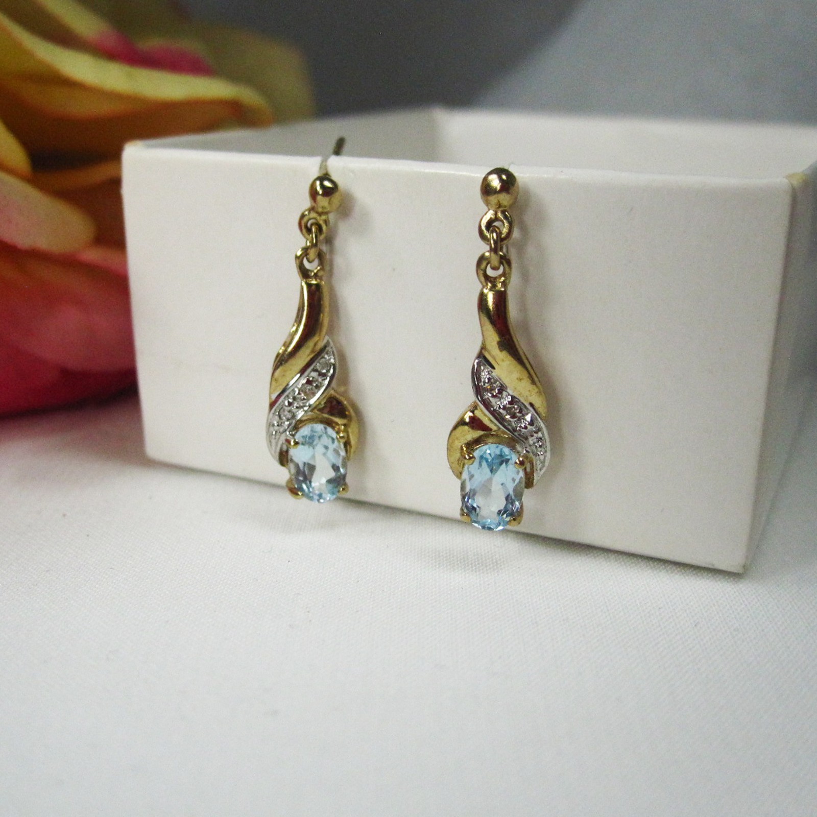 Vintage 9kt Yellow Gold Drop & Dangle Earrings with Blue Topaz and Diamonds