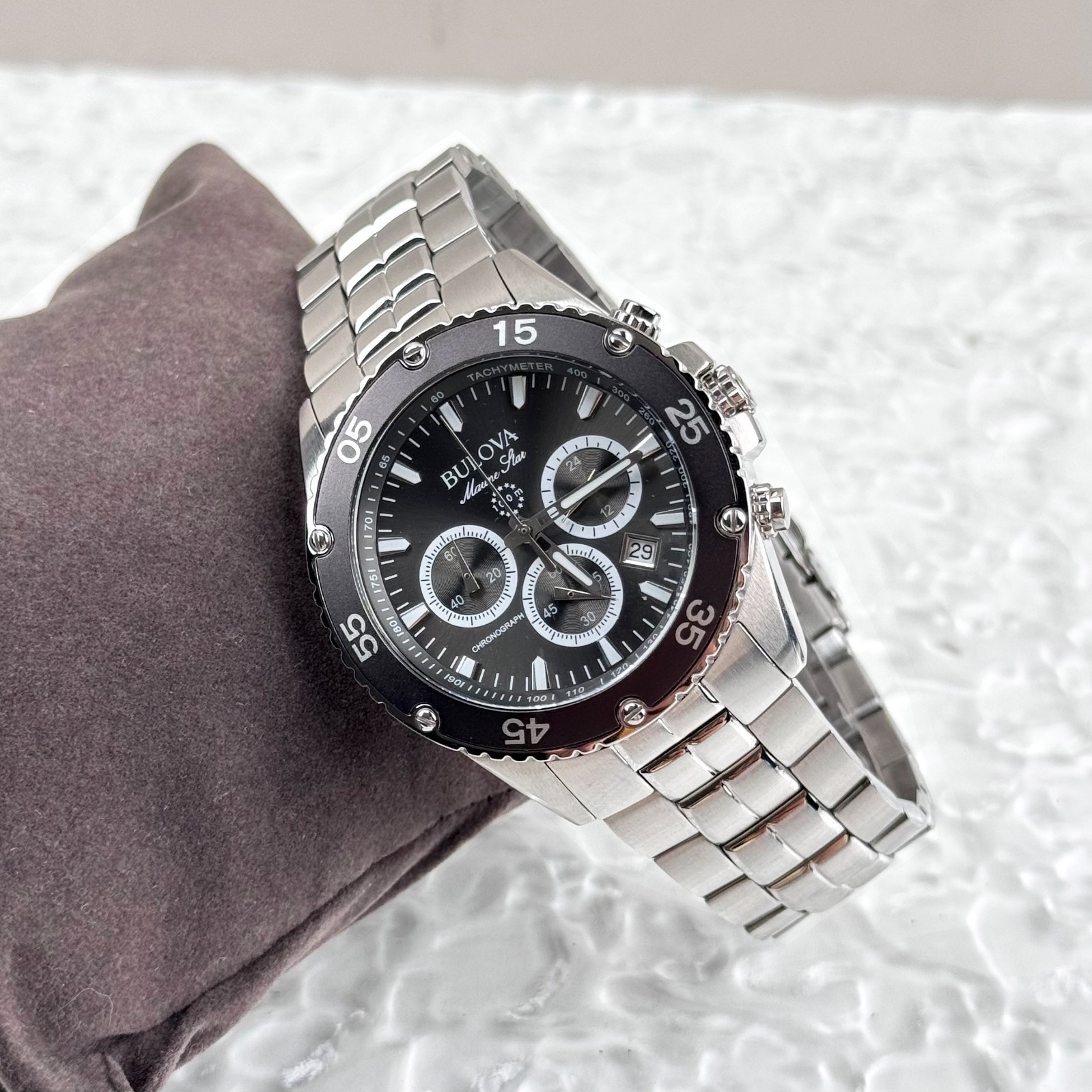 Bulova Marine Star Black Dial Chronograph Stainless Steel Men’s Watch 98B401