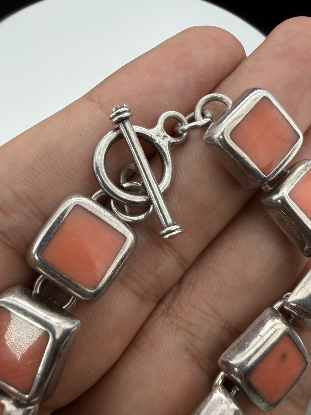 Vintage Mexico Sterling Silver And Inlay Reddish Coral 6.5 Inch Bracelet