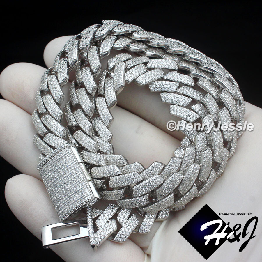 18″-24″MEN SOLID 925 STERLING SILVER 12MM ICY CZ MIAMI CUBAN CURB NECKLACE*SN21