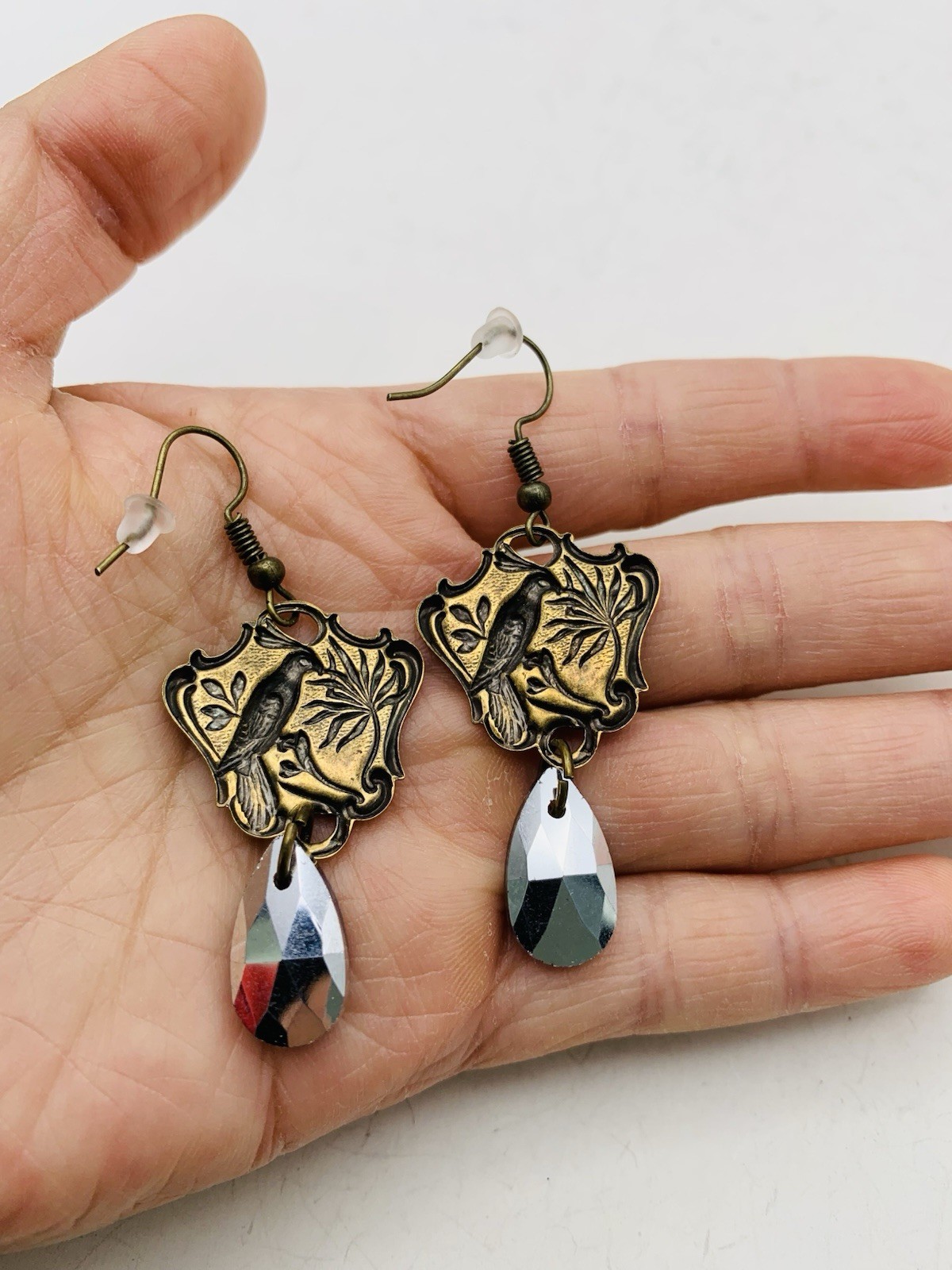 Vintage Style Bronze Art Nouveau Enchanted Bird Rainbow Blue AB Hook Earrings