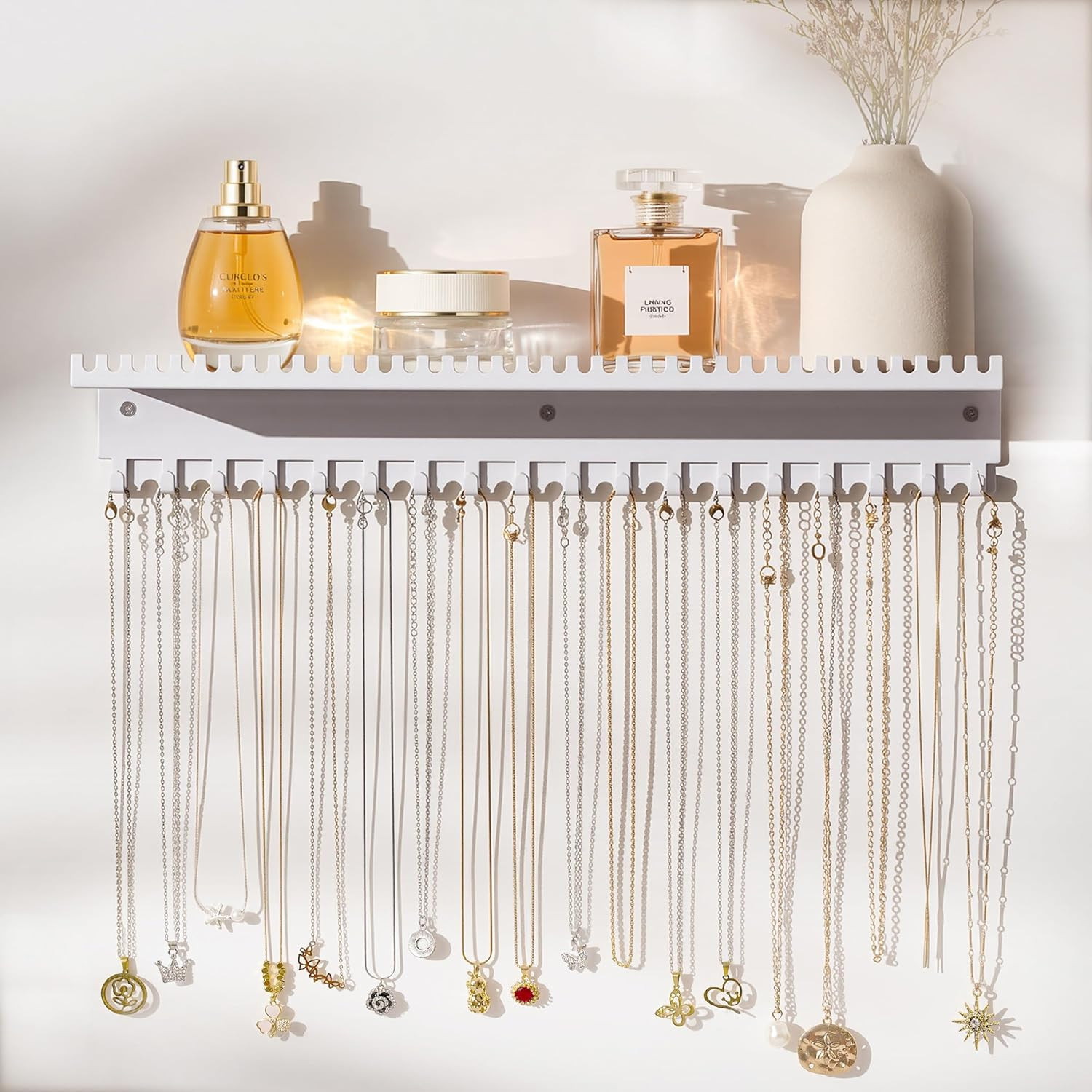 Necklace Holder Wall Hanging Organizer: Wall Mounted Jewelry Shelf with 56 Hooks