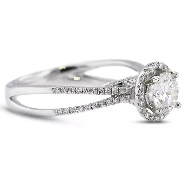 18K Gold Side Stone Engagement Ring Halo 1.18 Carat Round Natural Diamond H SI1