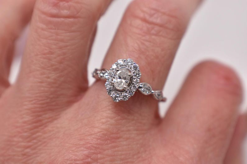 Vintage Style Oval Cut Moissanite Halo Engagement Ring Dainty Promise Ring Her