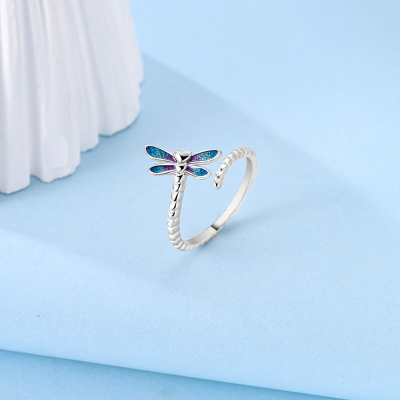 MULA S925 Sterling Silver Open Ring Colorful Enamel Dragonfly For Women Jewelry
