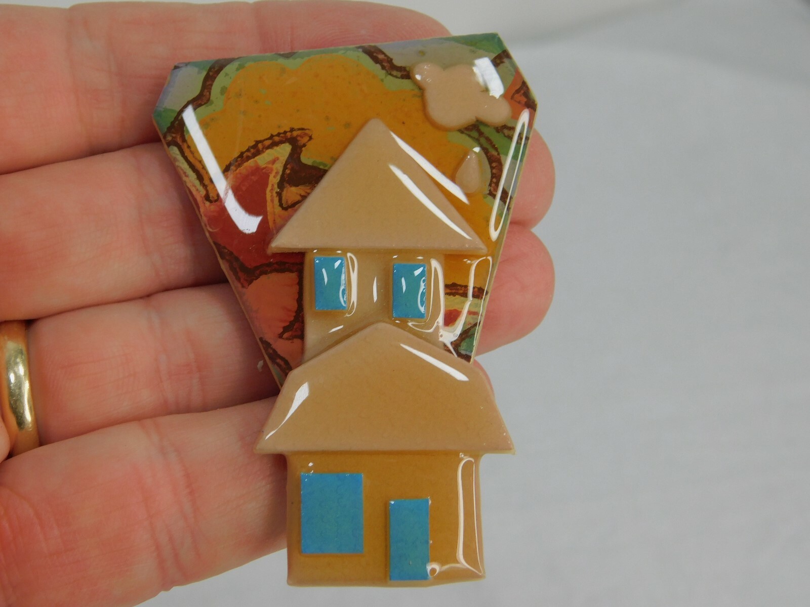 House Pin by LUCINDA Southwestern Peach and Blue Brooch dr40