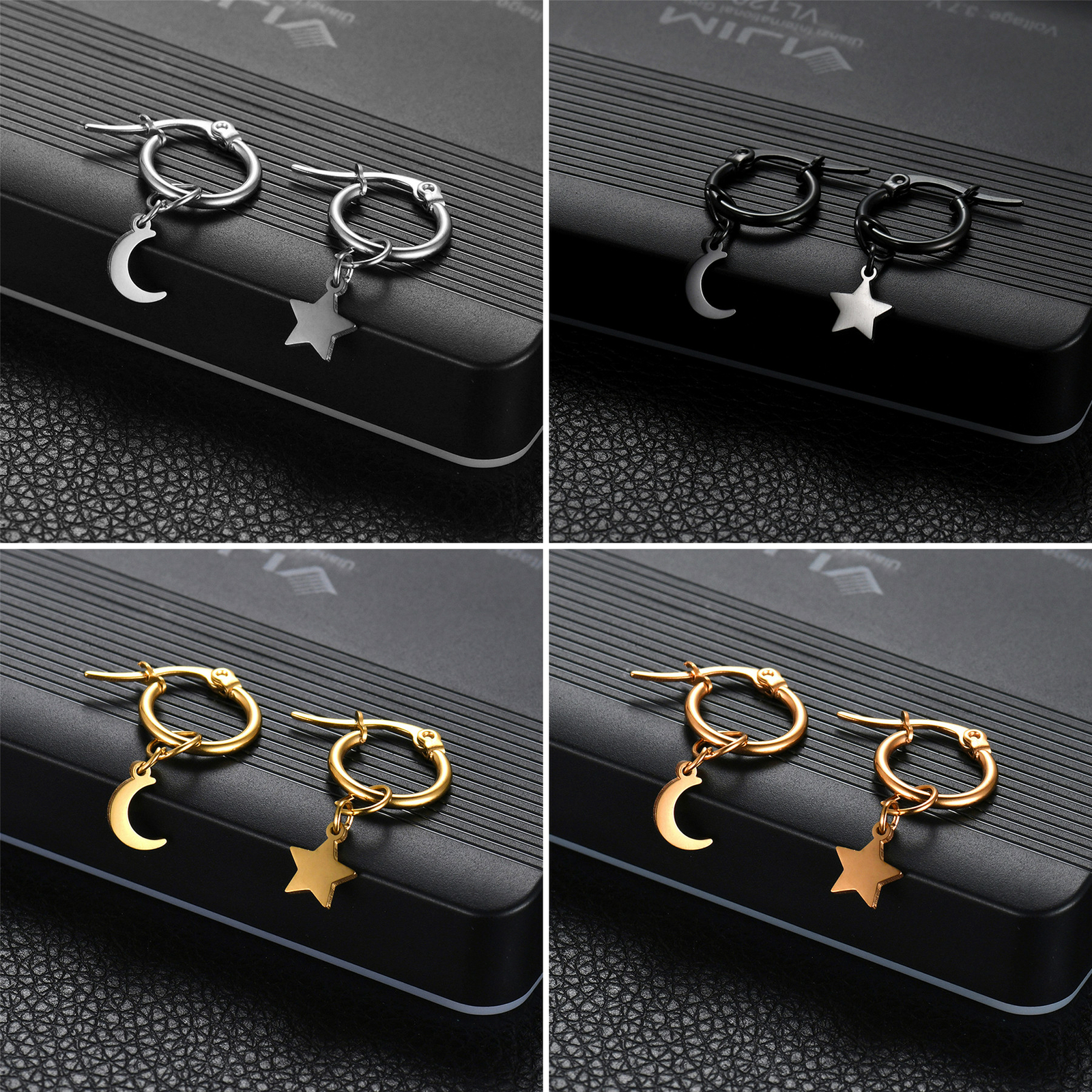 2Pcs Women Mens Stainless Steel Star Moon Asymmetrical Dangle Drop Hoop Earrings