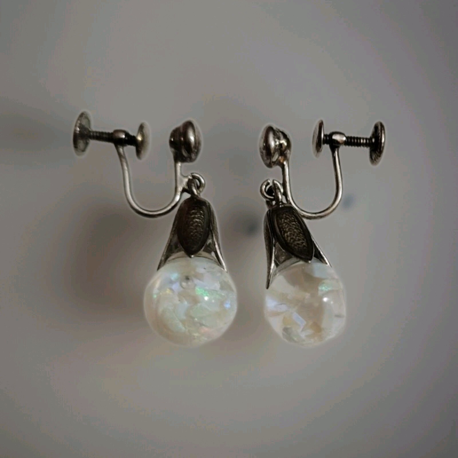 Mid 20th Century Collectible “Opalyte” Earrings, Sterling, Iridescent, Screw On