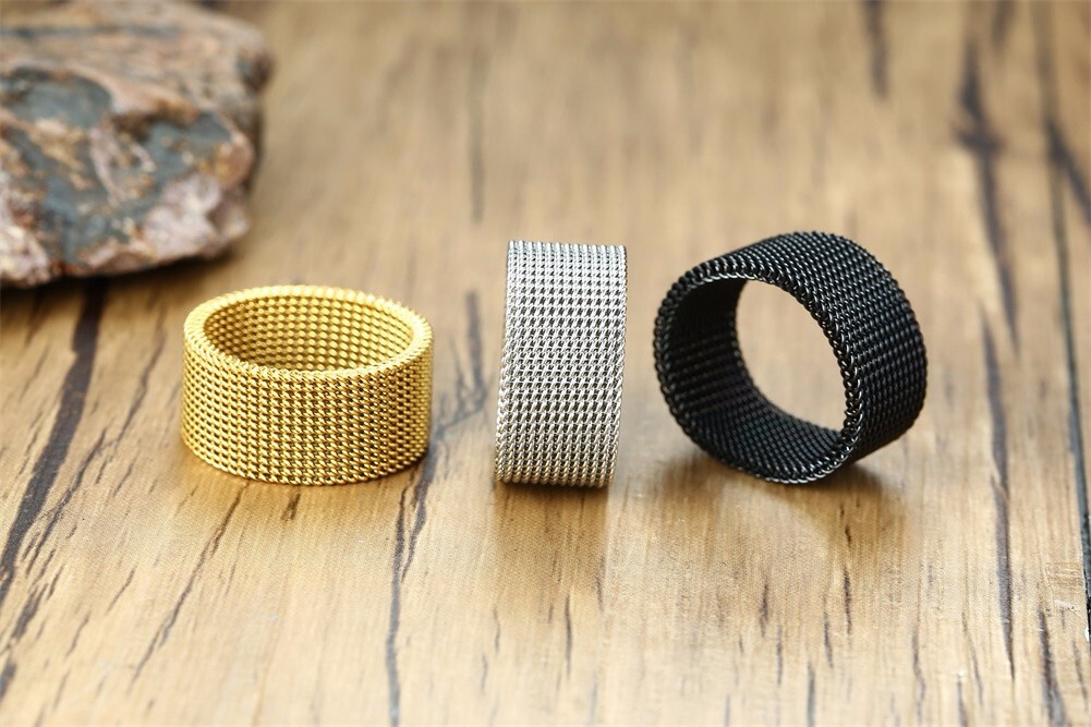 10MM Stainless Steel Braided Mesh Ring Flexible Wide Band Plain Non-Tarnish R64