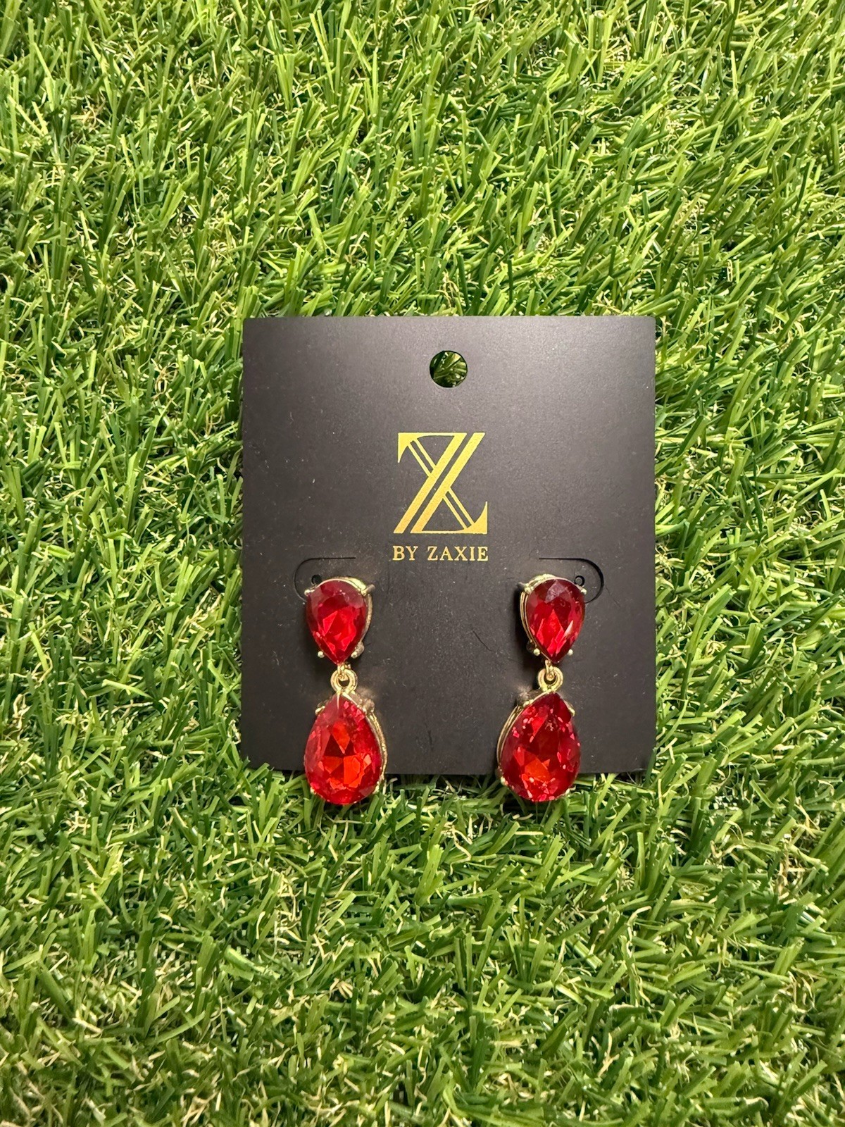 Z by Zaxie Red Crystal Teardrop Dangle Earrings Gold Tone